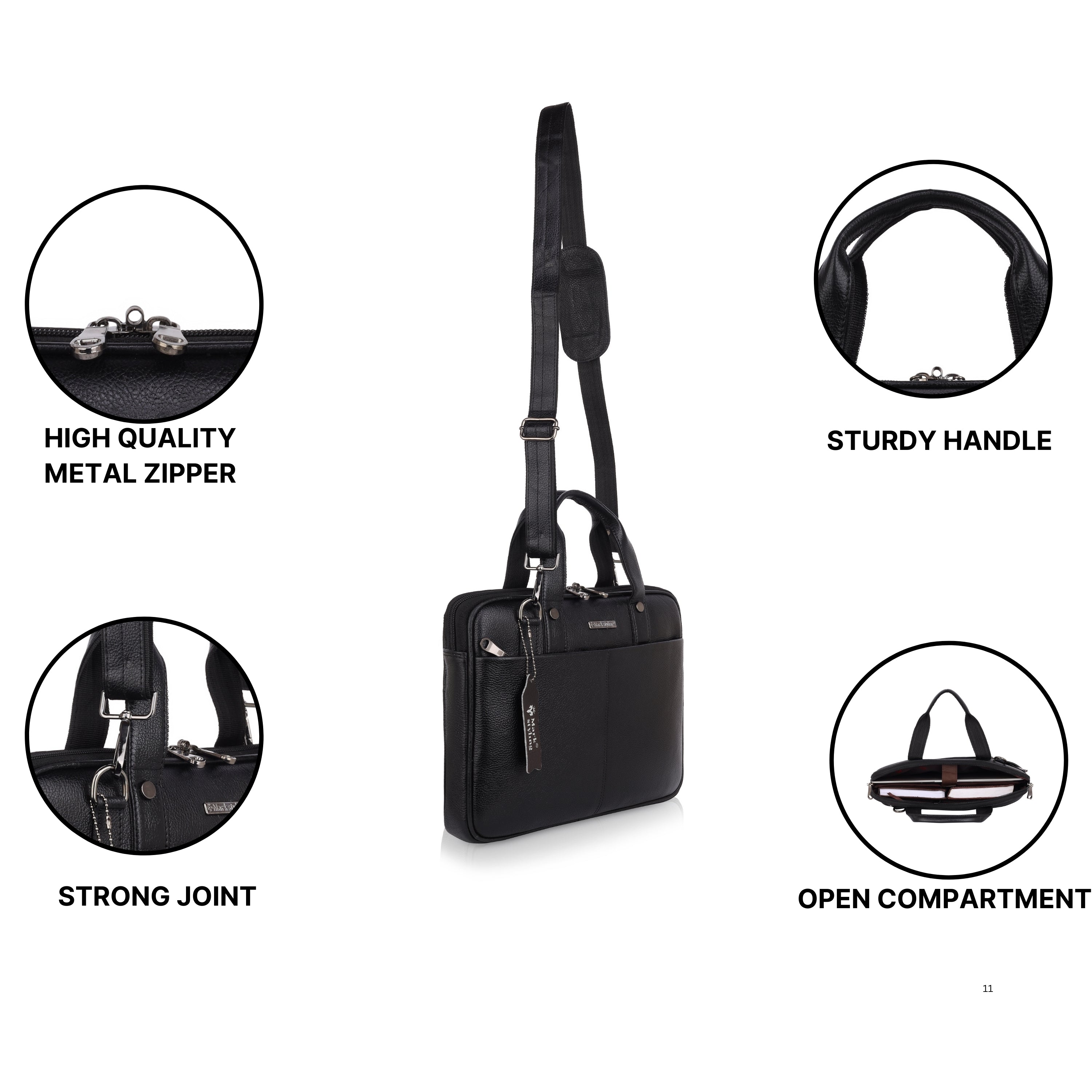 Mark Styling Midnight Black Pebble-Grain Laptop Messenger Bag