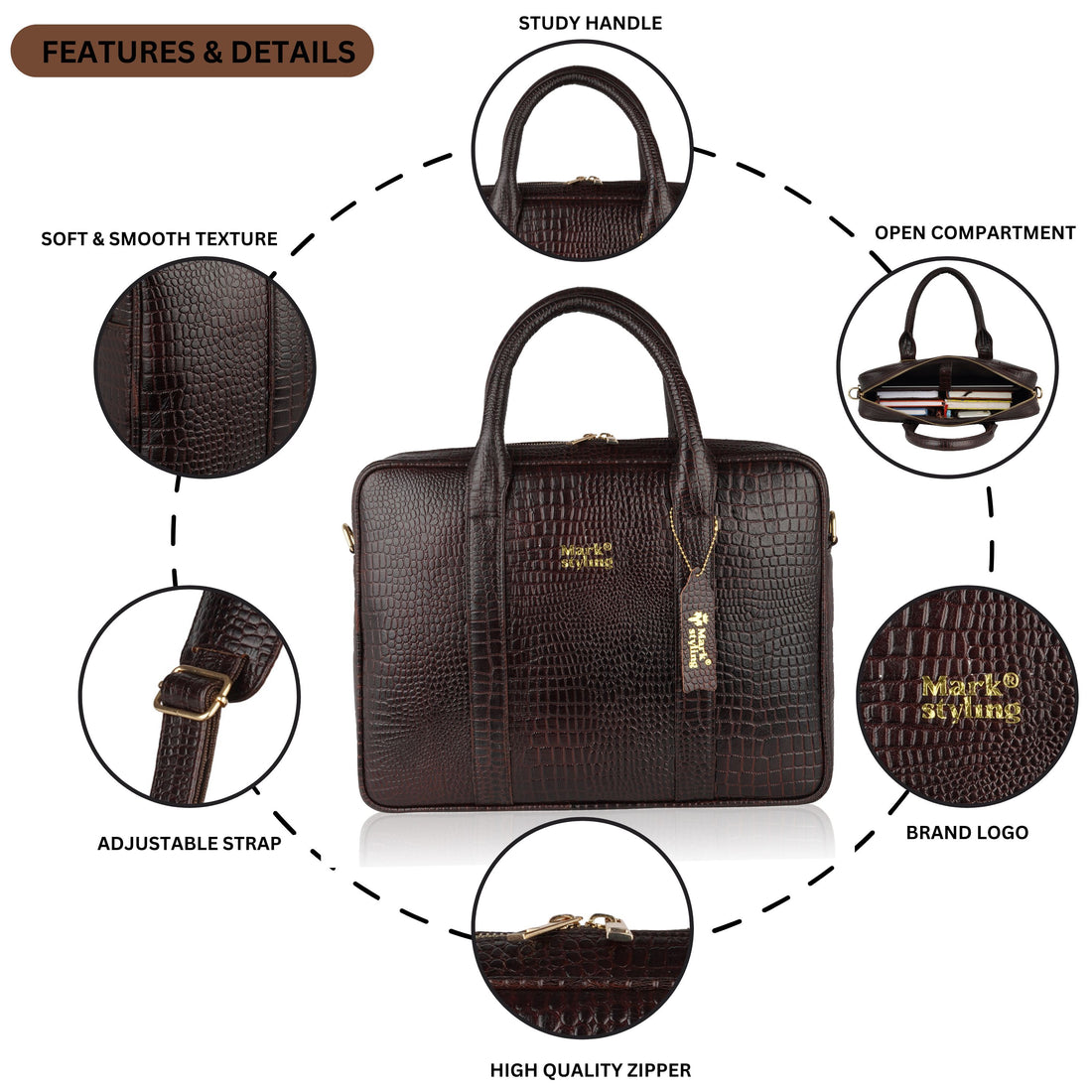 Mark Styling Croc-Texture Dark Brown Executive Laptop Bag