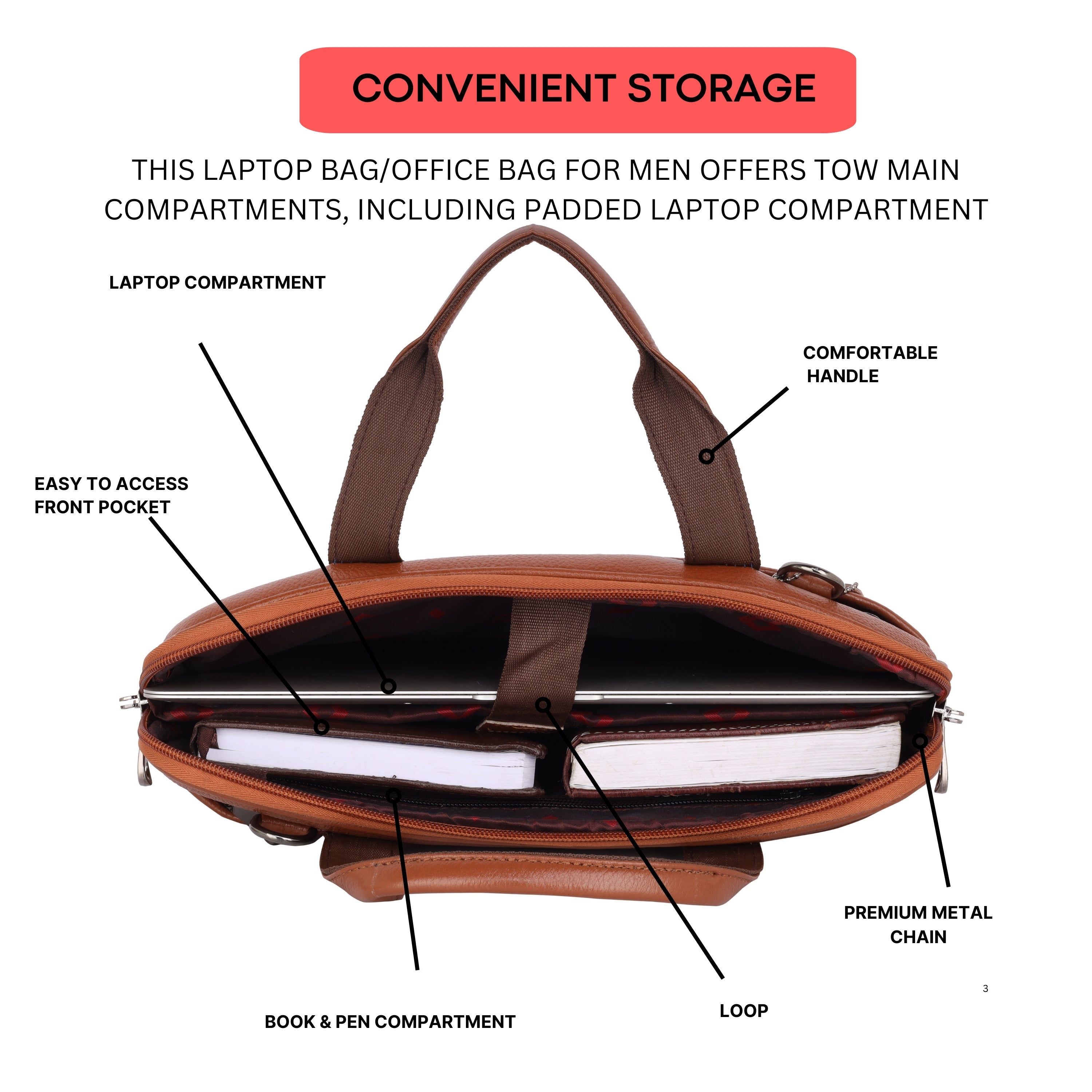 Mark Styling Tan Pebble-Grain Laptop Messenger Bag