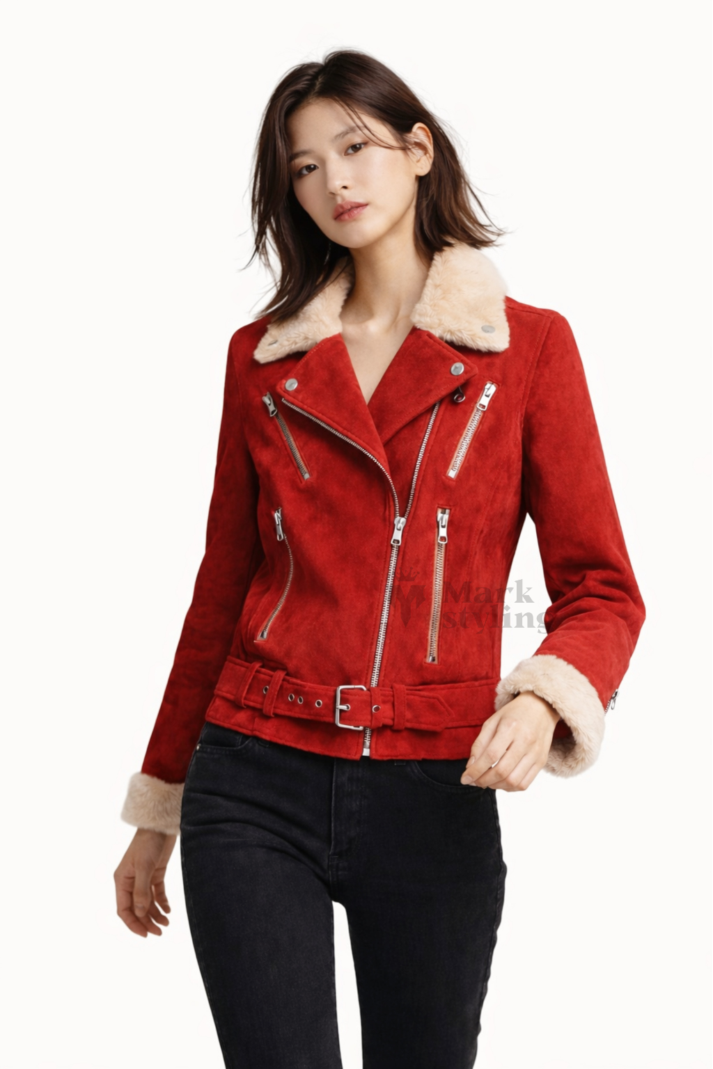 Crimson Sherpa-Lined Biker Jacket By The Mark Styling
