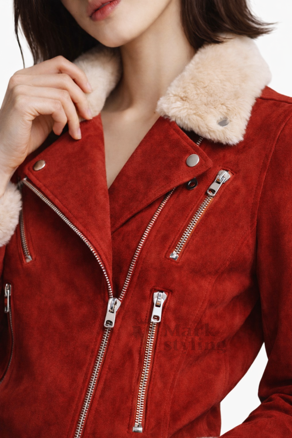 Crimson Sherpa-Lined Biker Jacket By The Mark Styling
