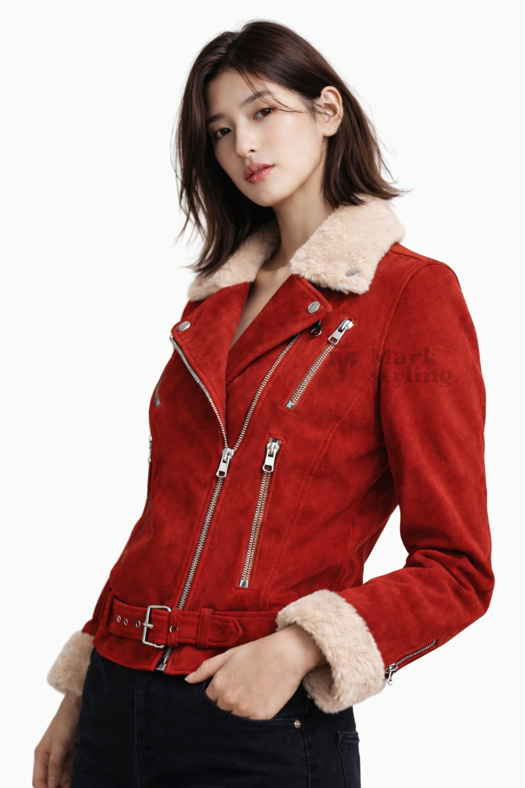 Crimson Sherpa-Lined Biker Jacket By The Mark Styling