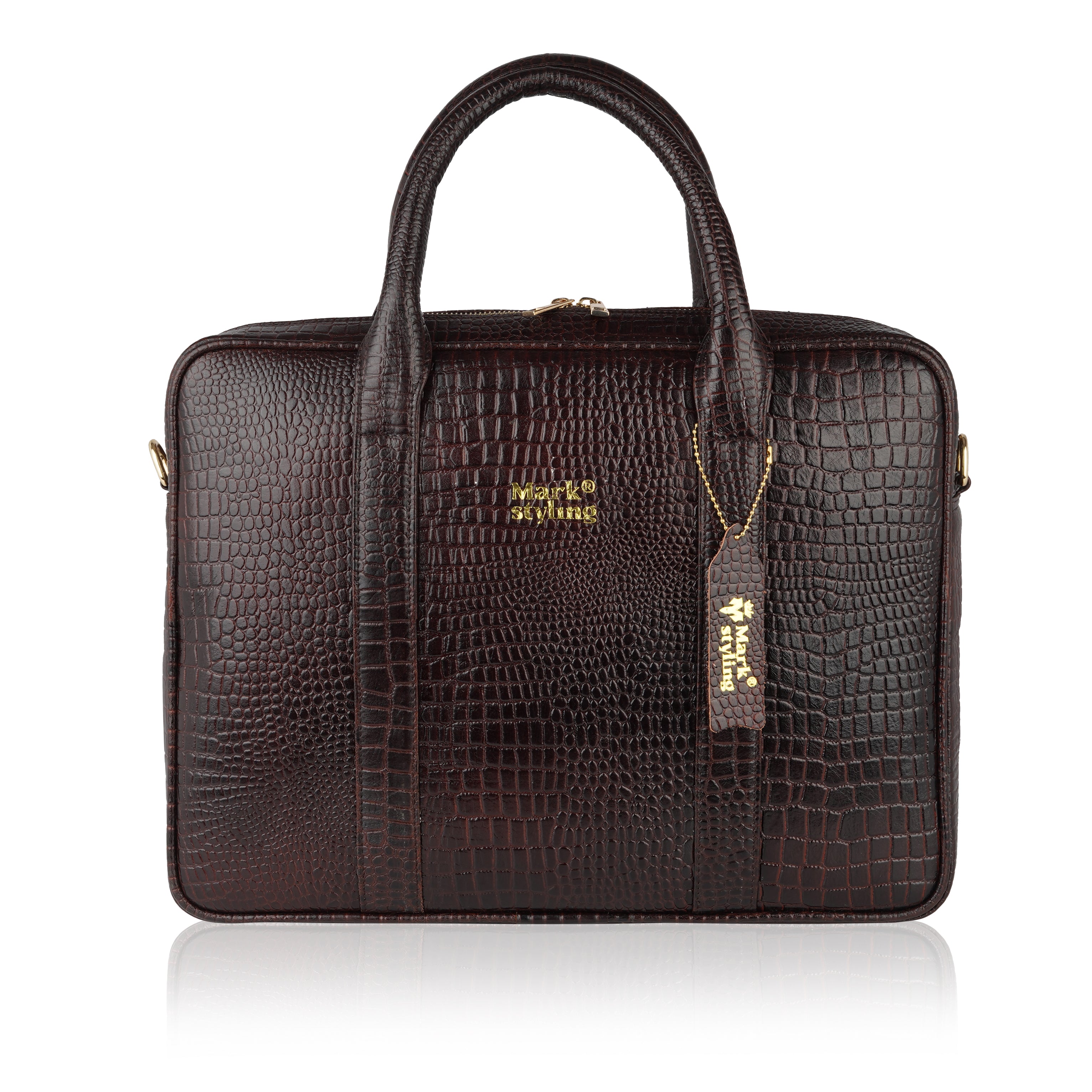 Mark Styling Croc-Texture Dark Brown Executive Laptop Bag