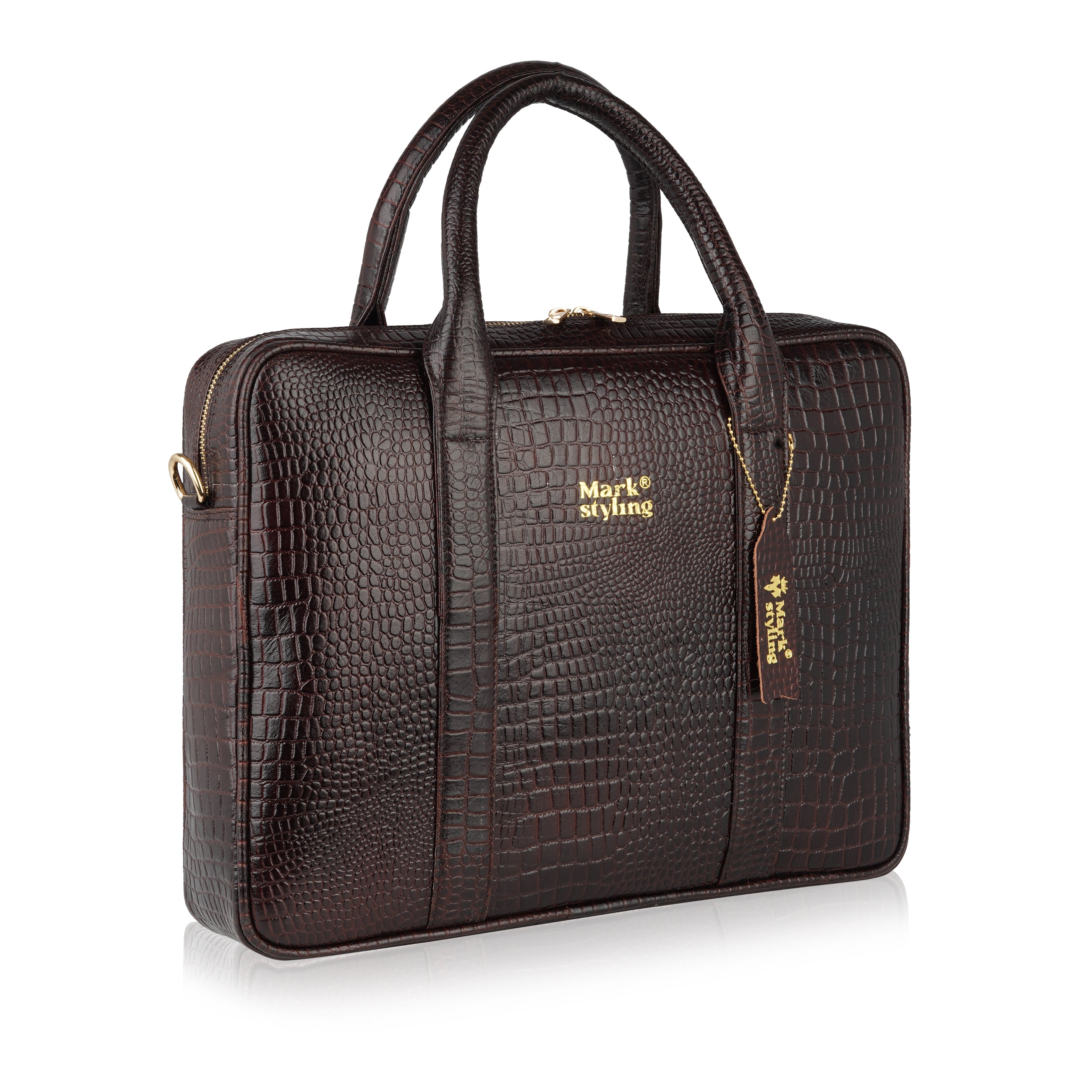Mark Styling Croc-Texture Dark Brown Executive Laptop Bag