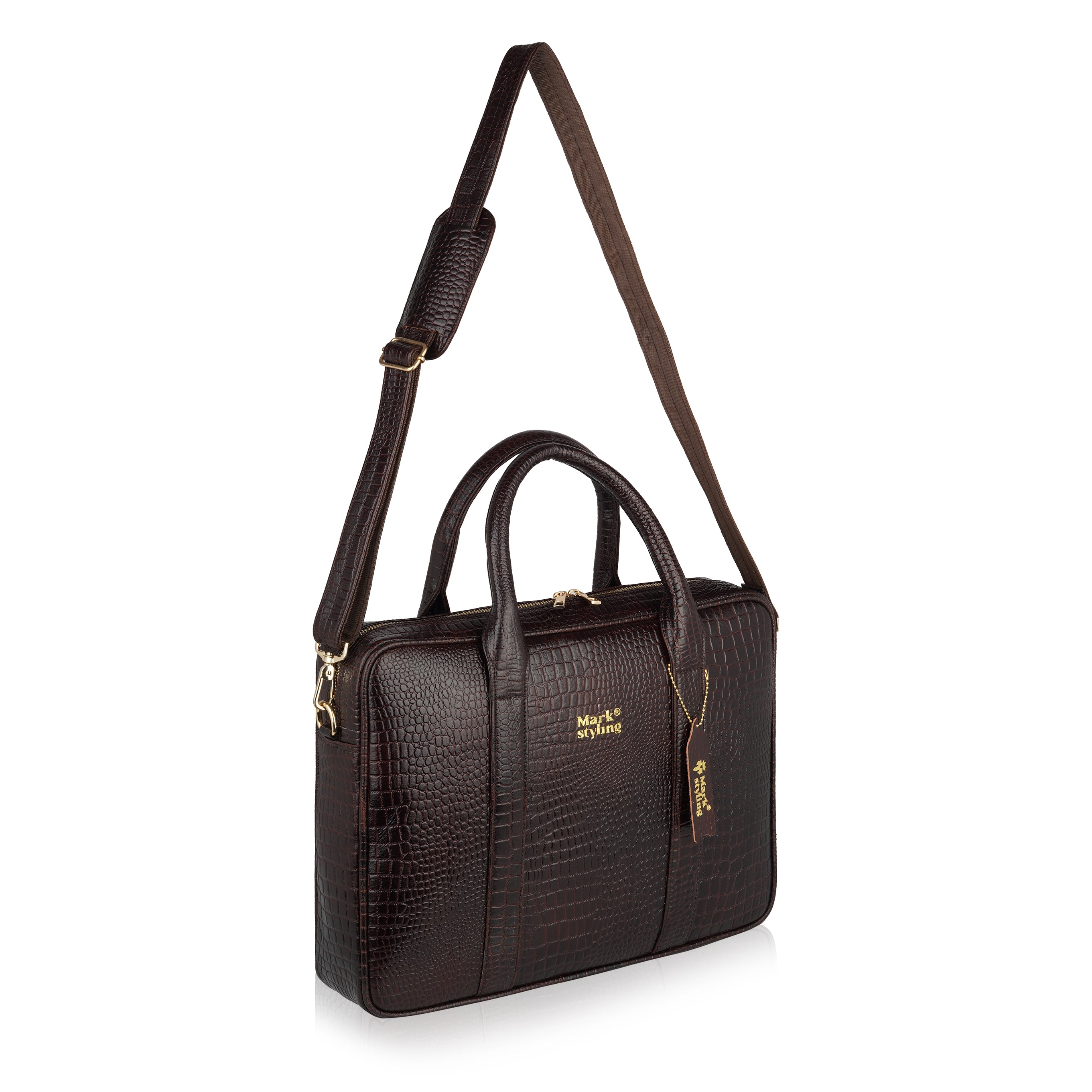 Mark Styling Croc-Texture Dark Brown Executive Laptop Bag