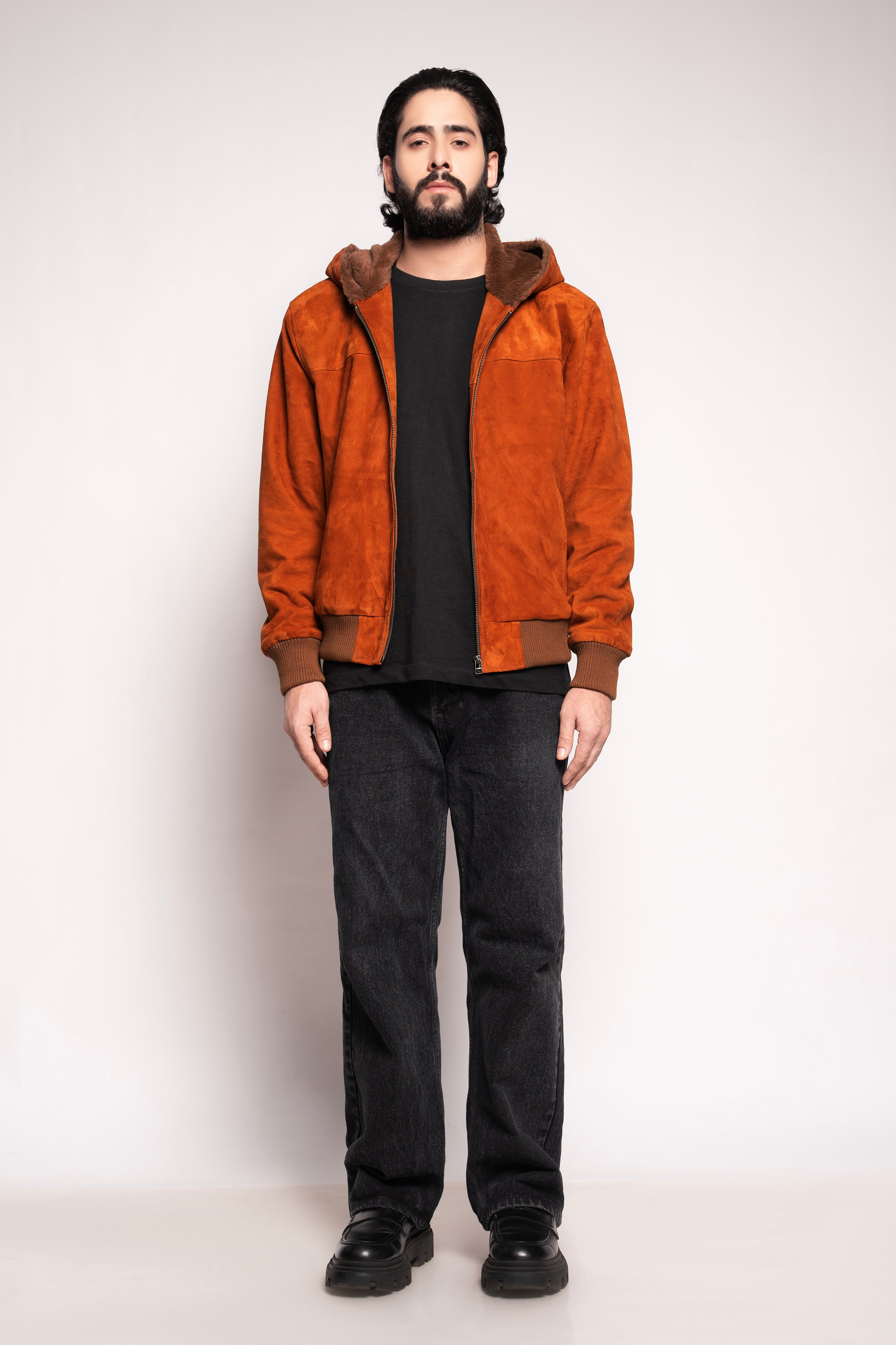 Rust Suede Hooded Winter Jacket
