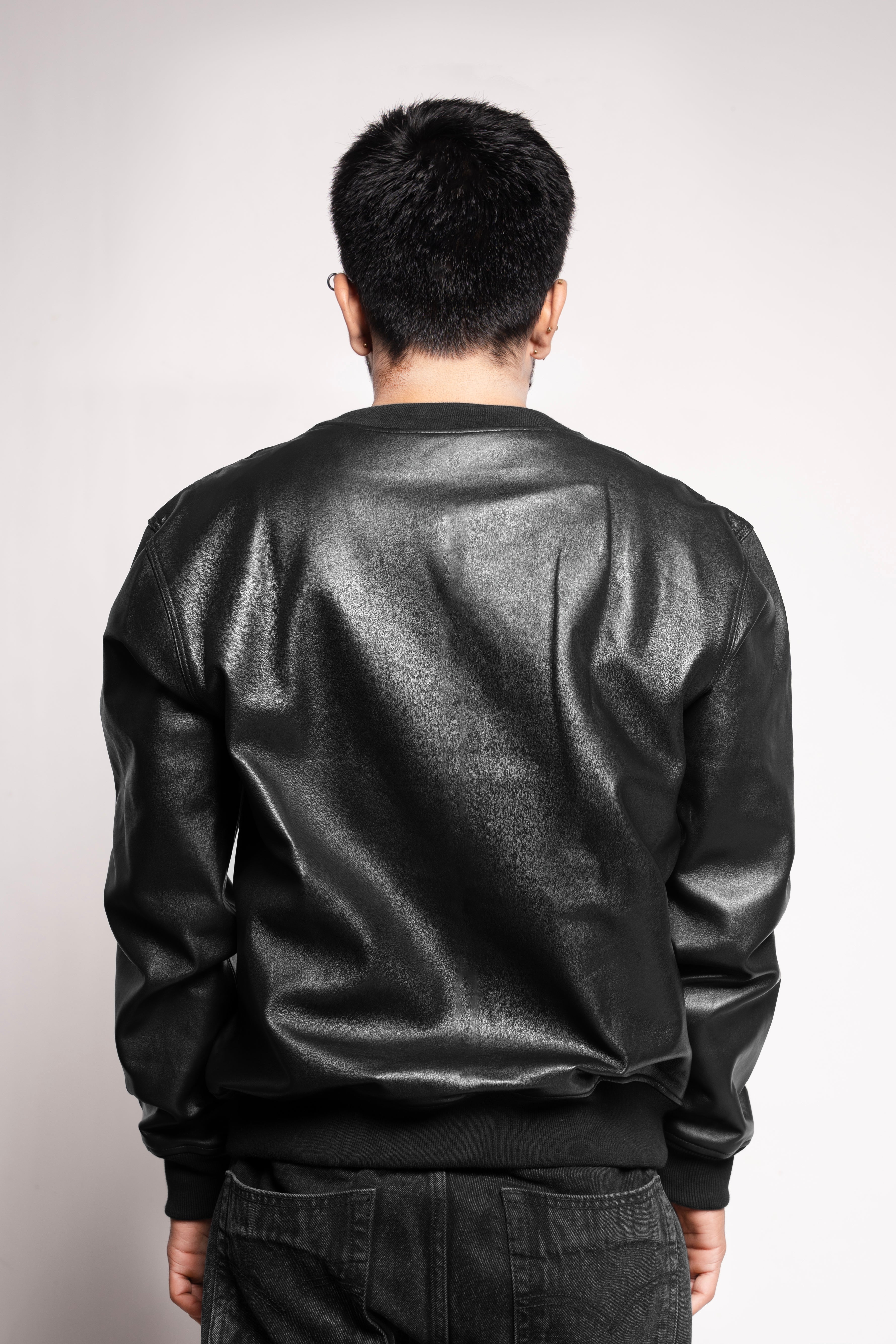 Markstyling New Men's Black Leather T-Shirt Real Soft Slim Fit Lambskin Leather Round Neck