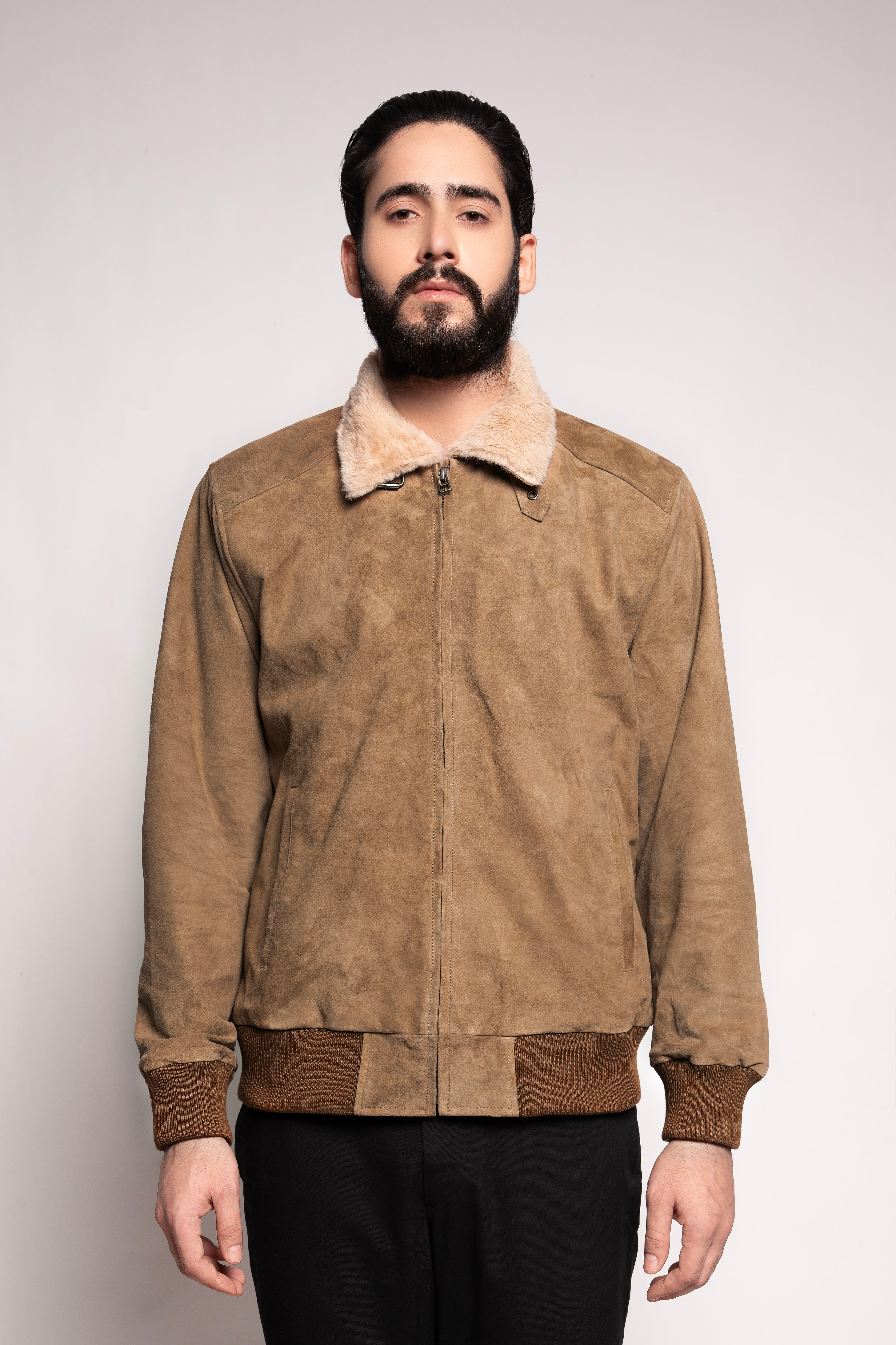 Camel Suede Shearling Collar Bomber Jacket