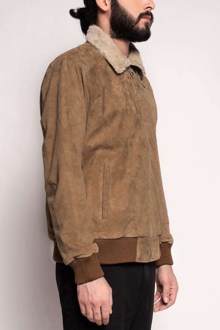 Camel Suede Shearling Collar Bomber Jacket