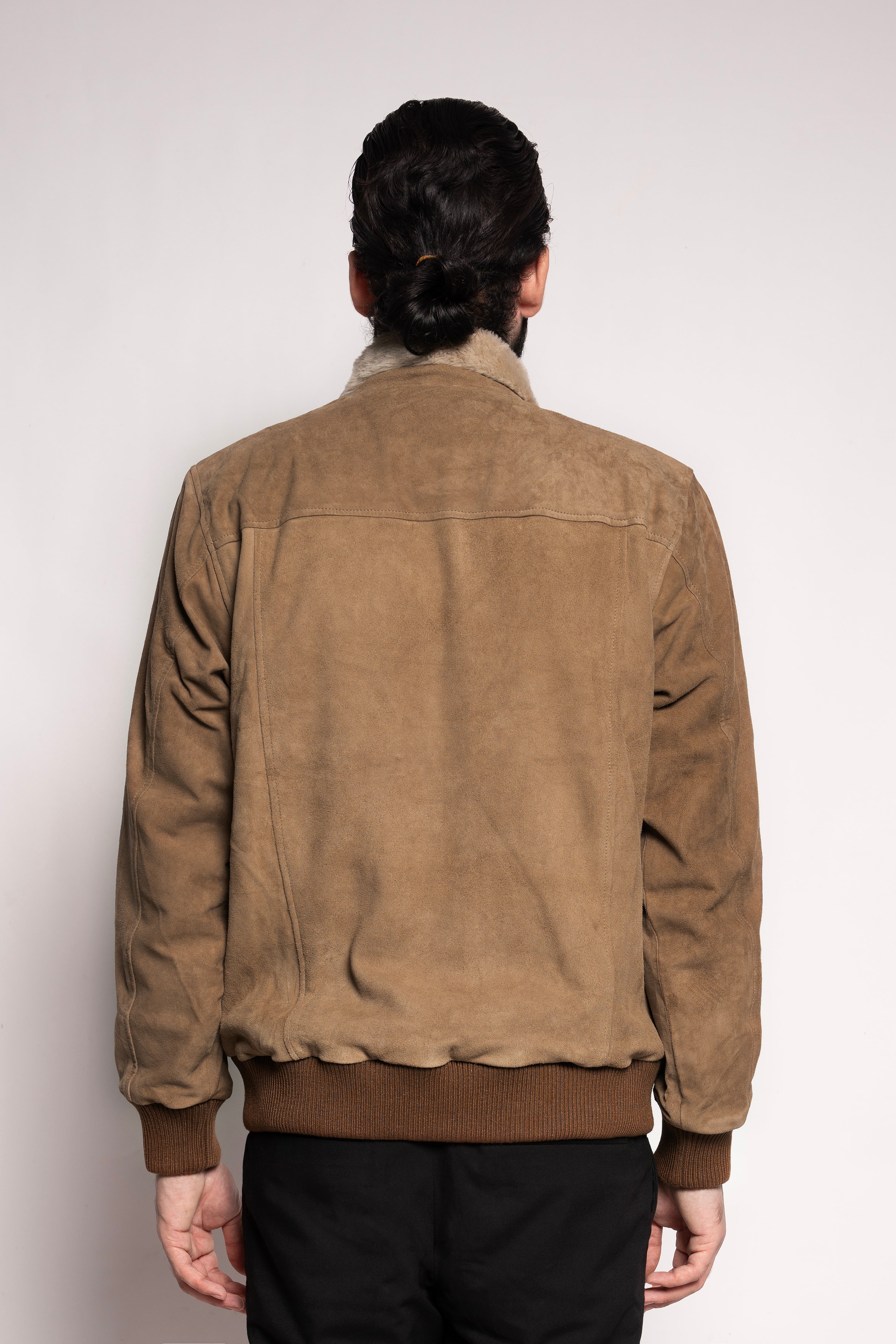 Camel Suede Shearling Collar Bomber Jacket