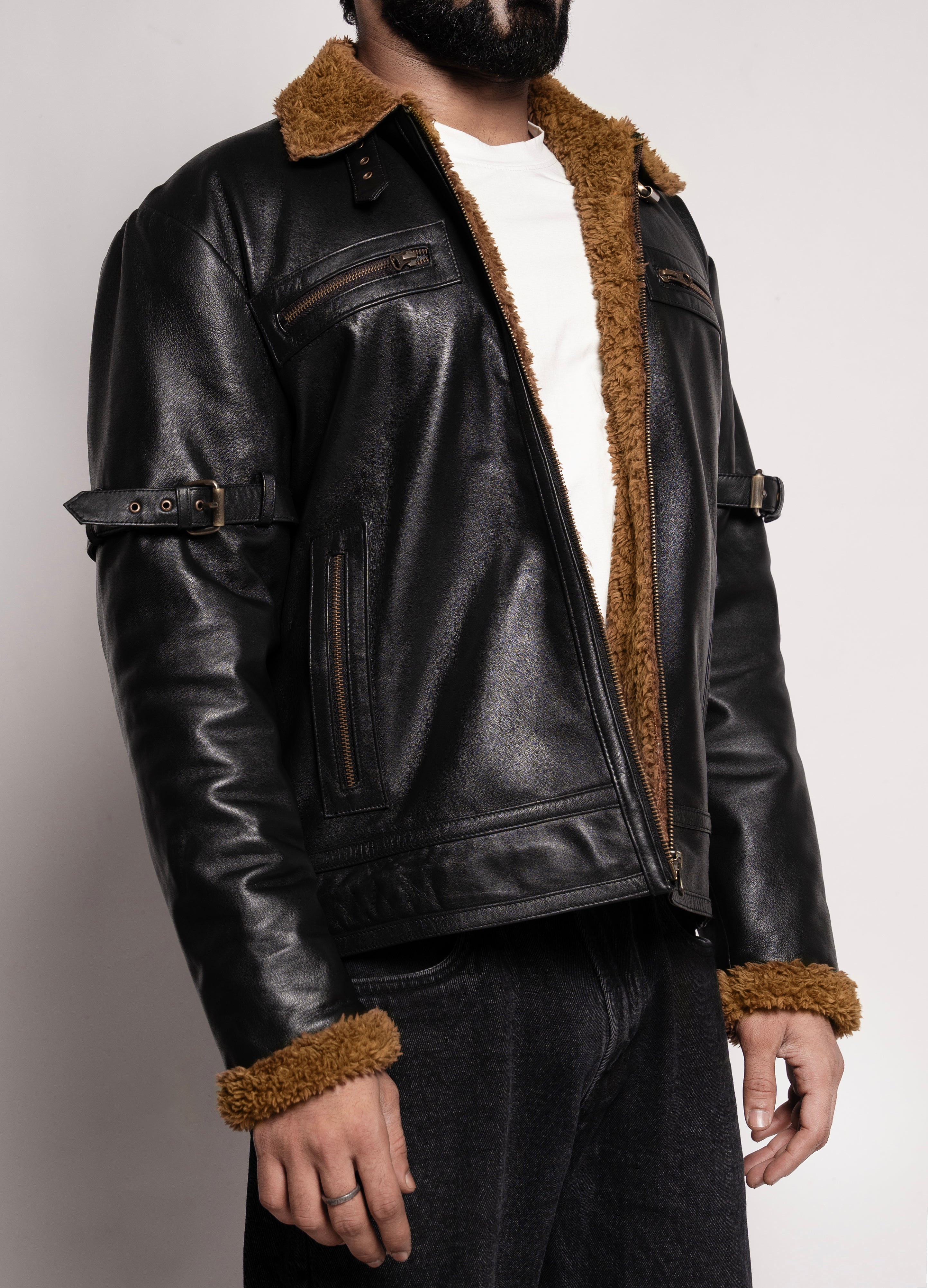 Mark Styling Obsidian Aviator Shearling-Lined Leather Jacket