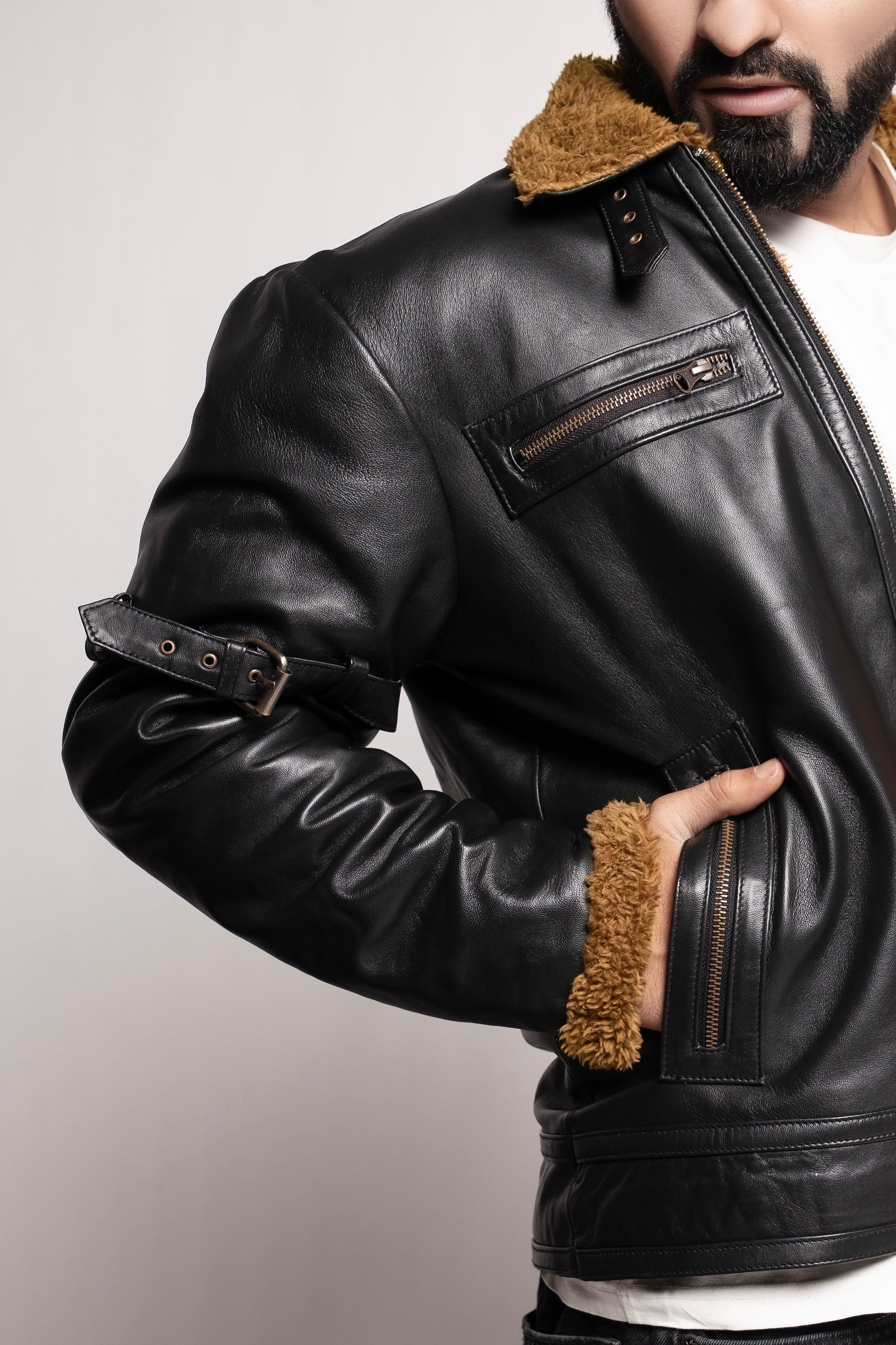 Mark Styling Obsidian Aviator Shearling-Lined Leather Jacket