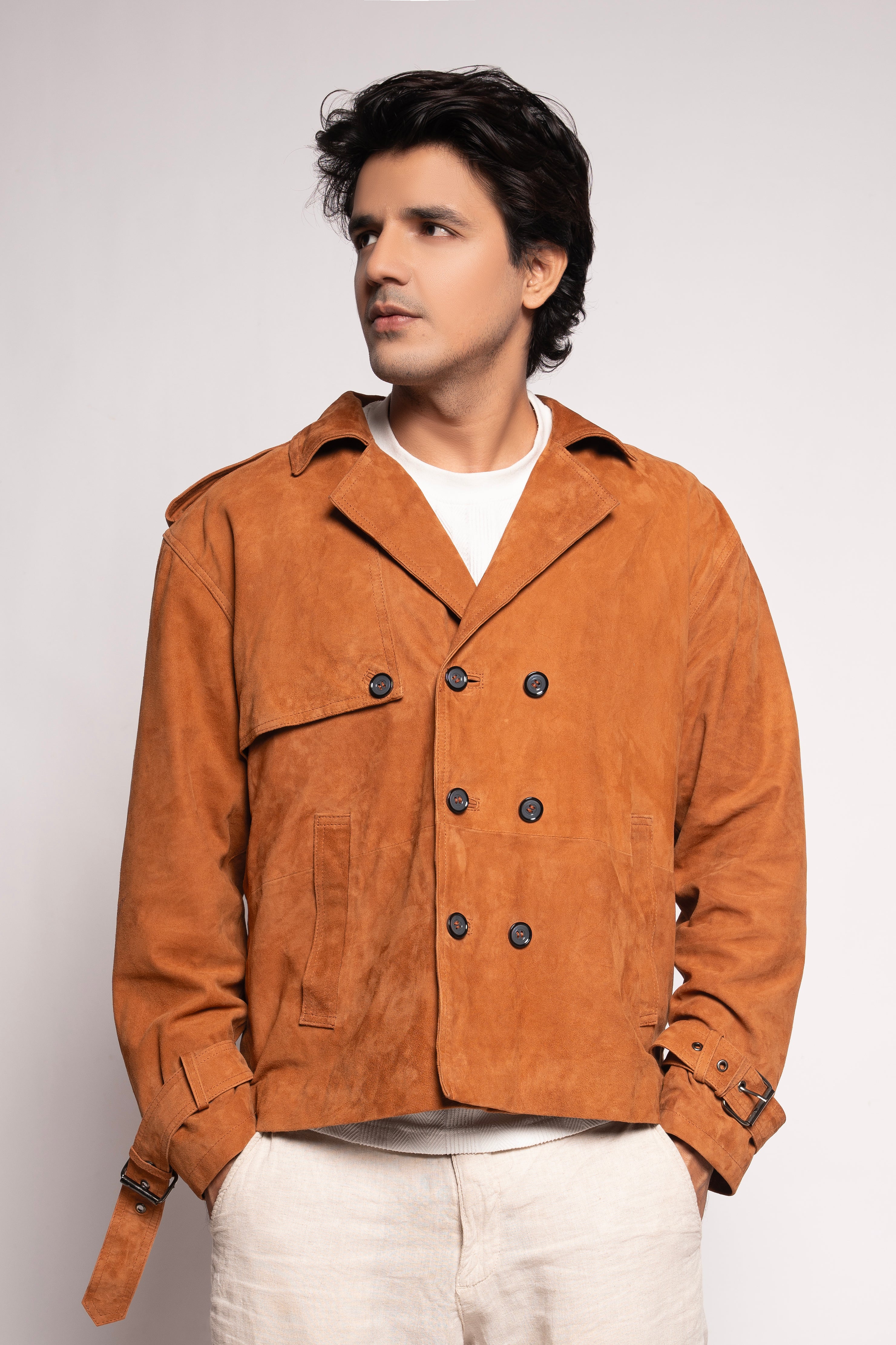 Rust Suede Double-Breasted Casual Jacket
