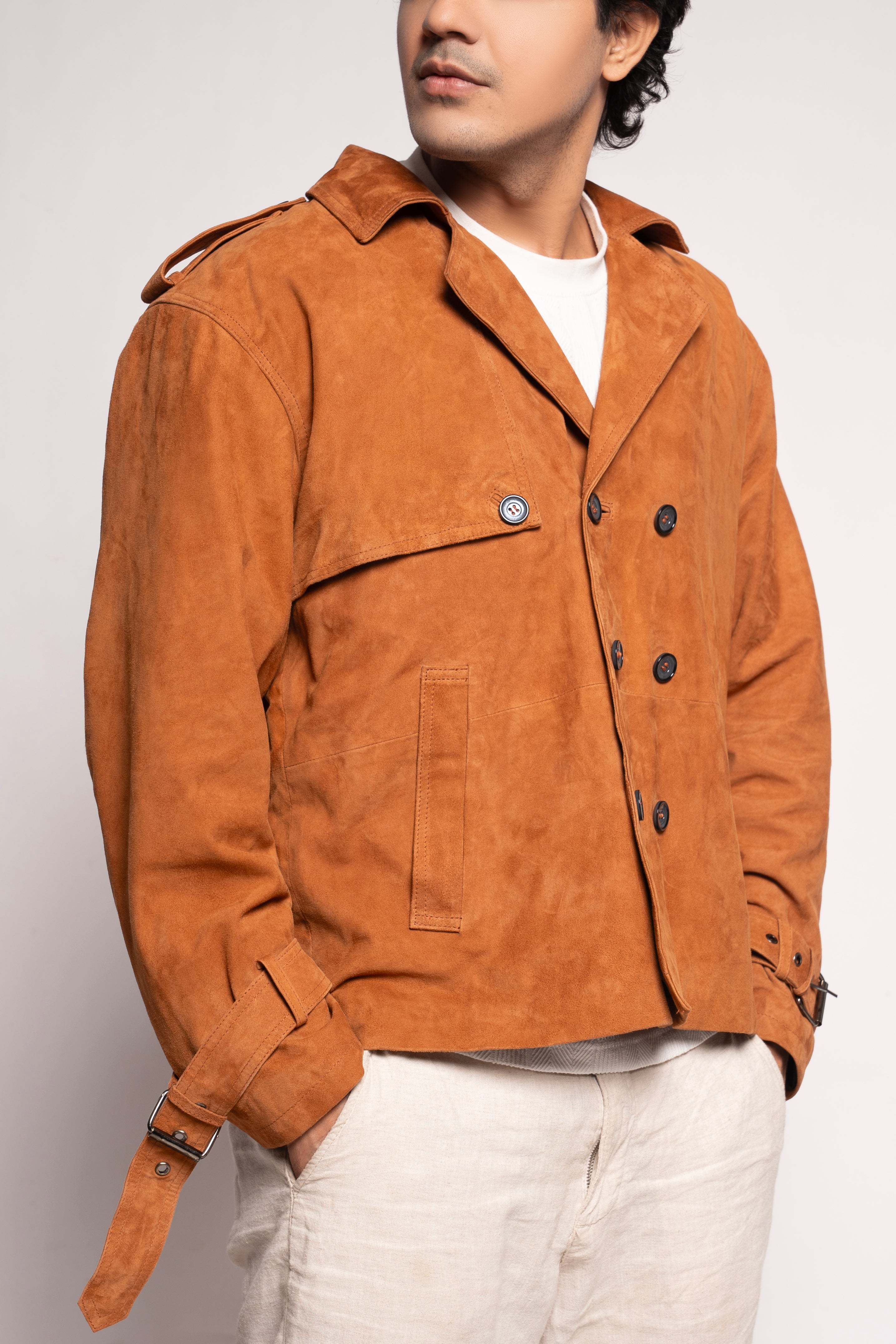 Rust Suede Double-Breasted Casual Jacket