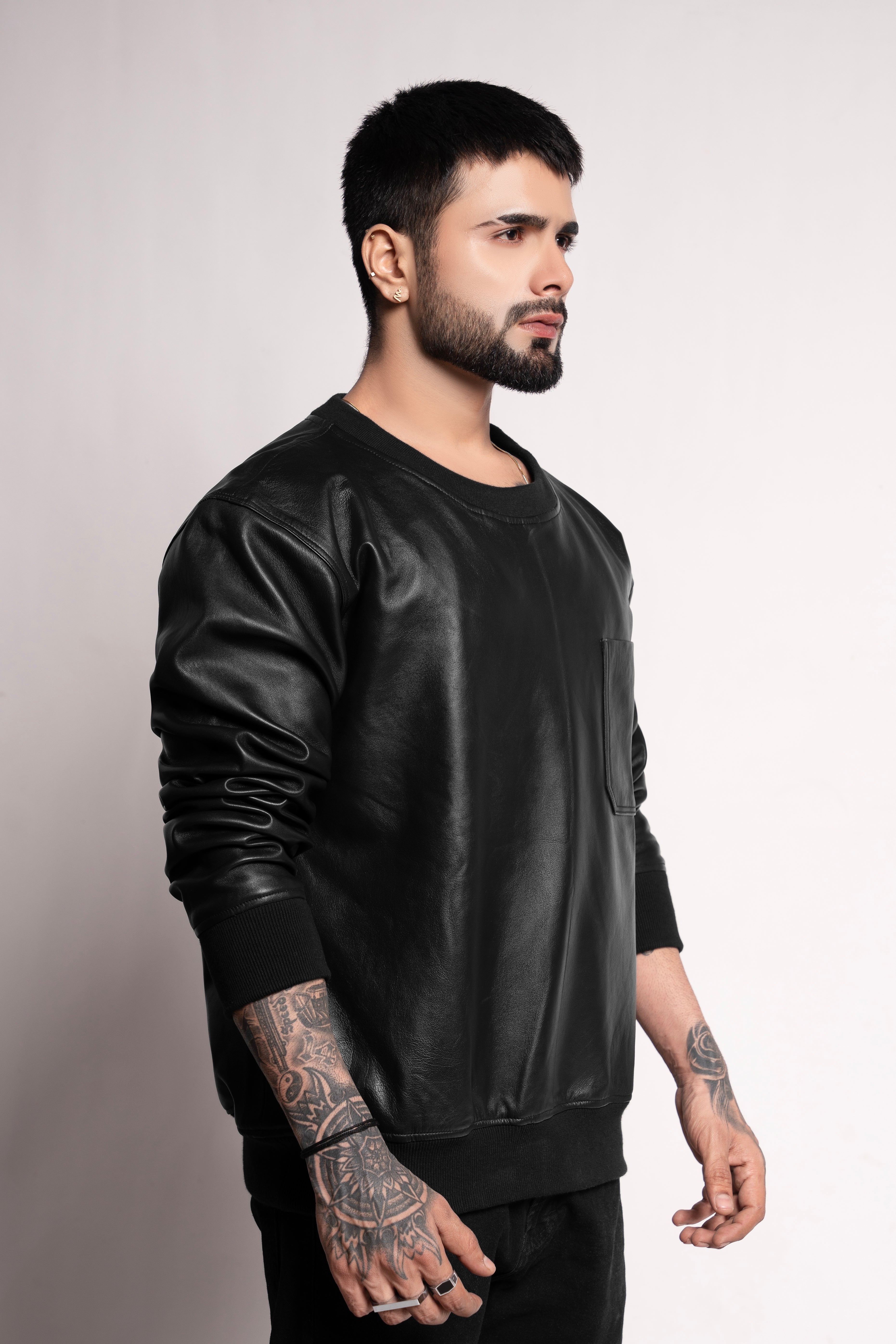 Markstyling New Men's Black Leather T-Shirt Real Soft Slim Fit Lambskin Leather Round Neck