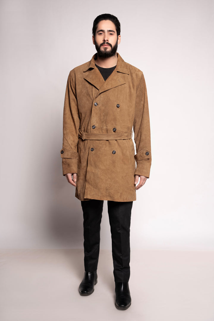 Camel Suede Belted Trench Coat