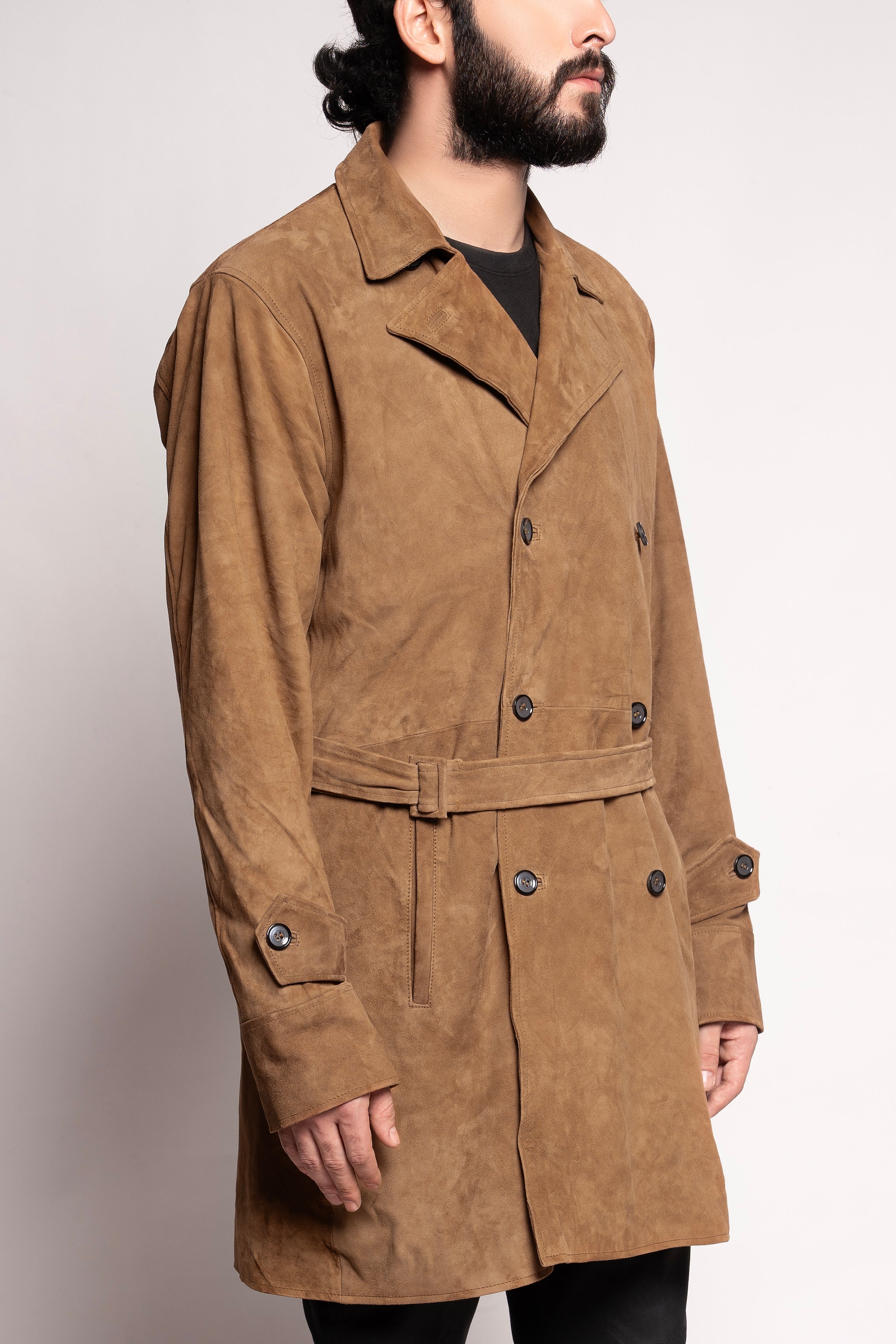 Camel Suede Belted Trench Coat