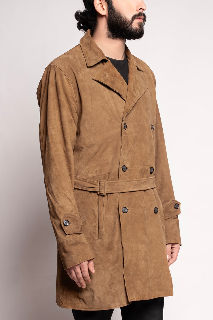 Camel Suede Belted Trench Coat