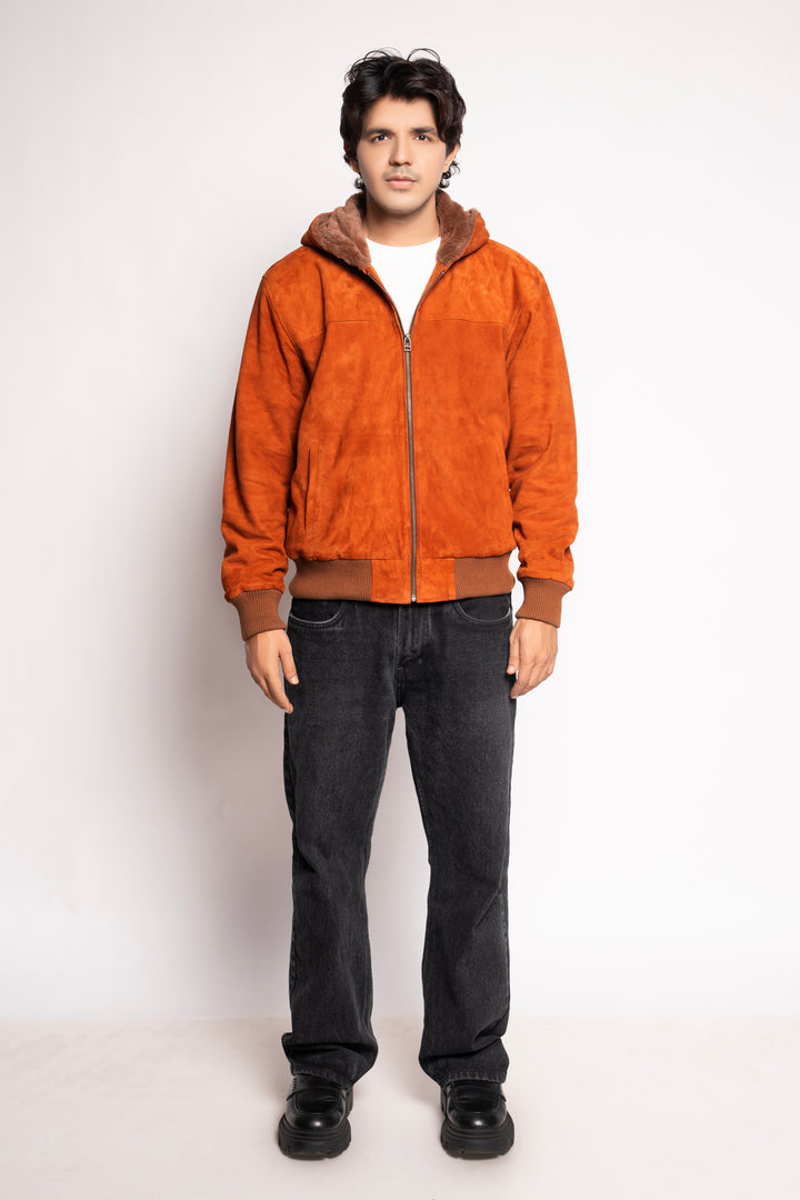 Rust Suede Hooded Winter Jacket