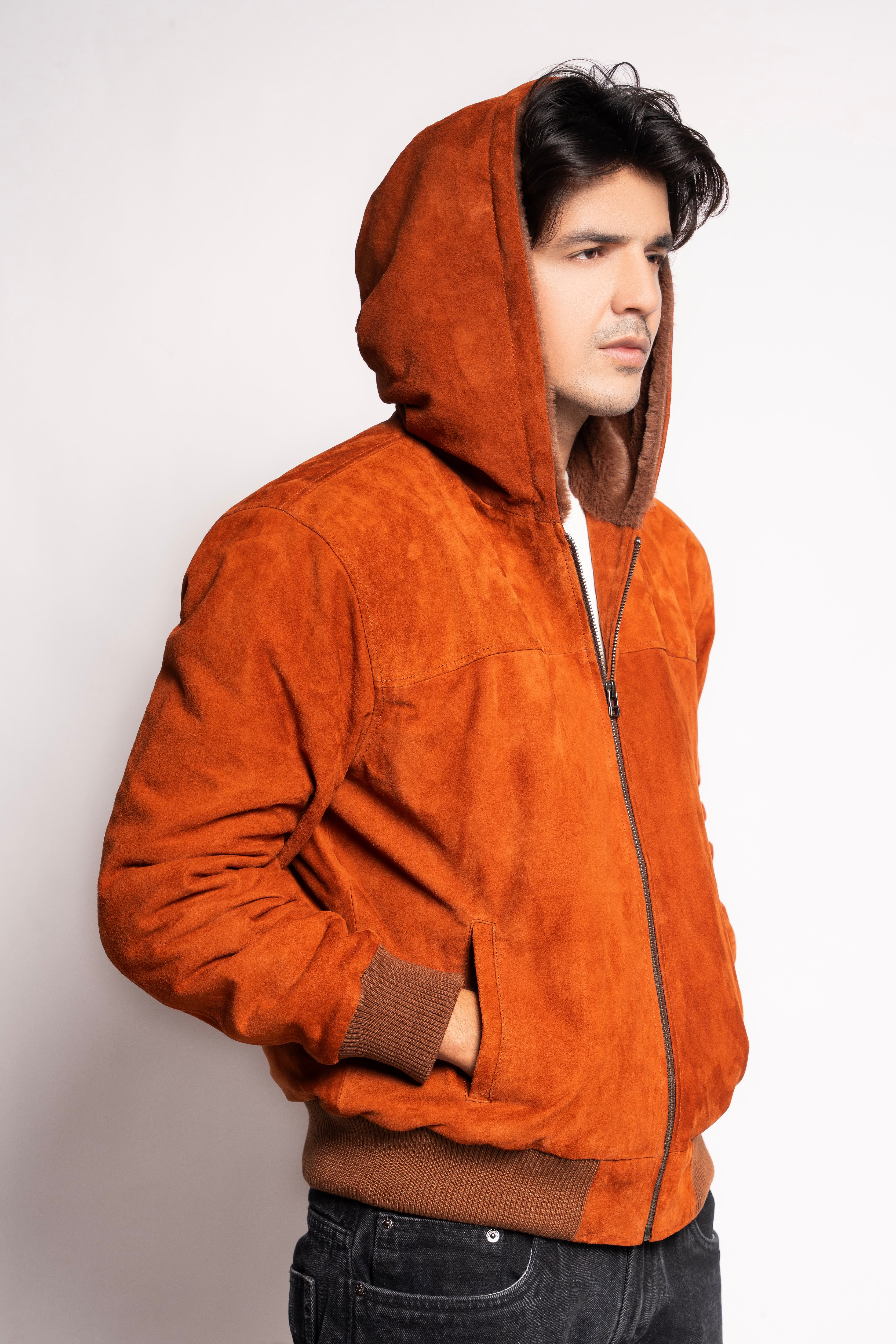 Rust Suede Hooded Winter Jacket