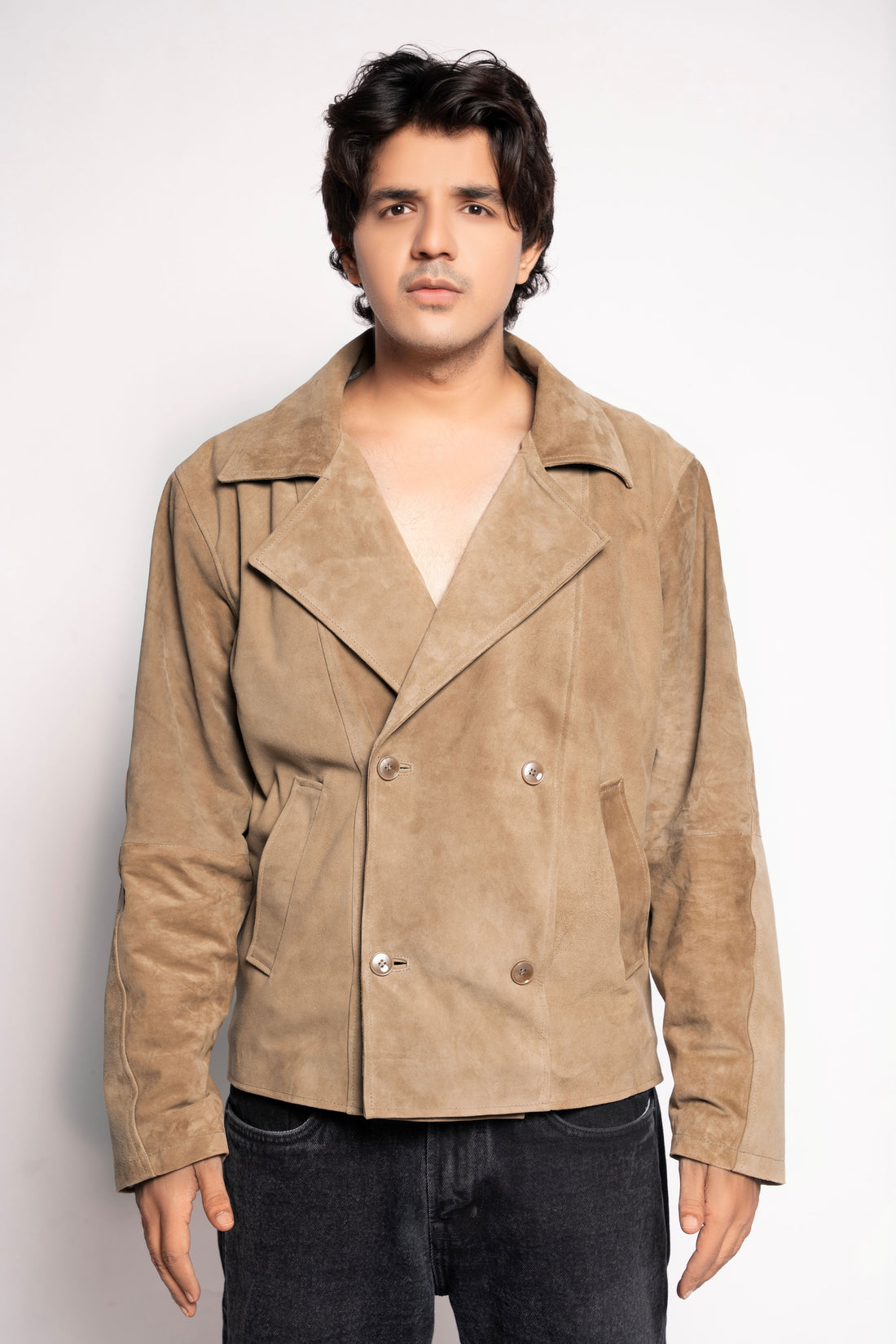 Classic Tan Suede Double-Breasted Jacket