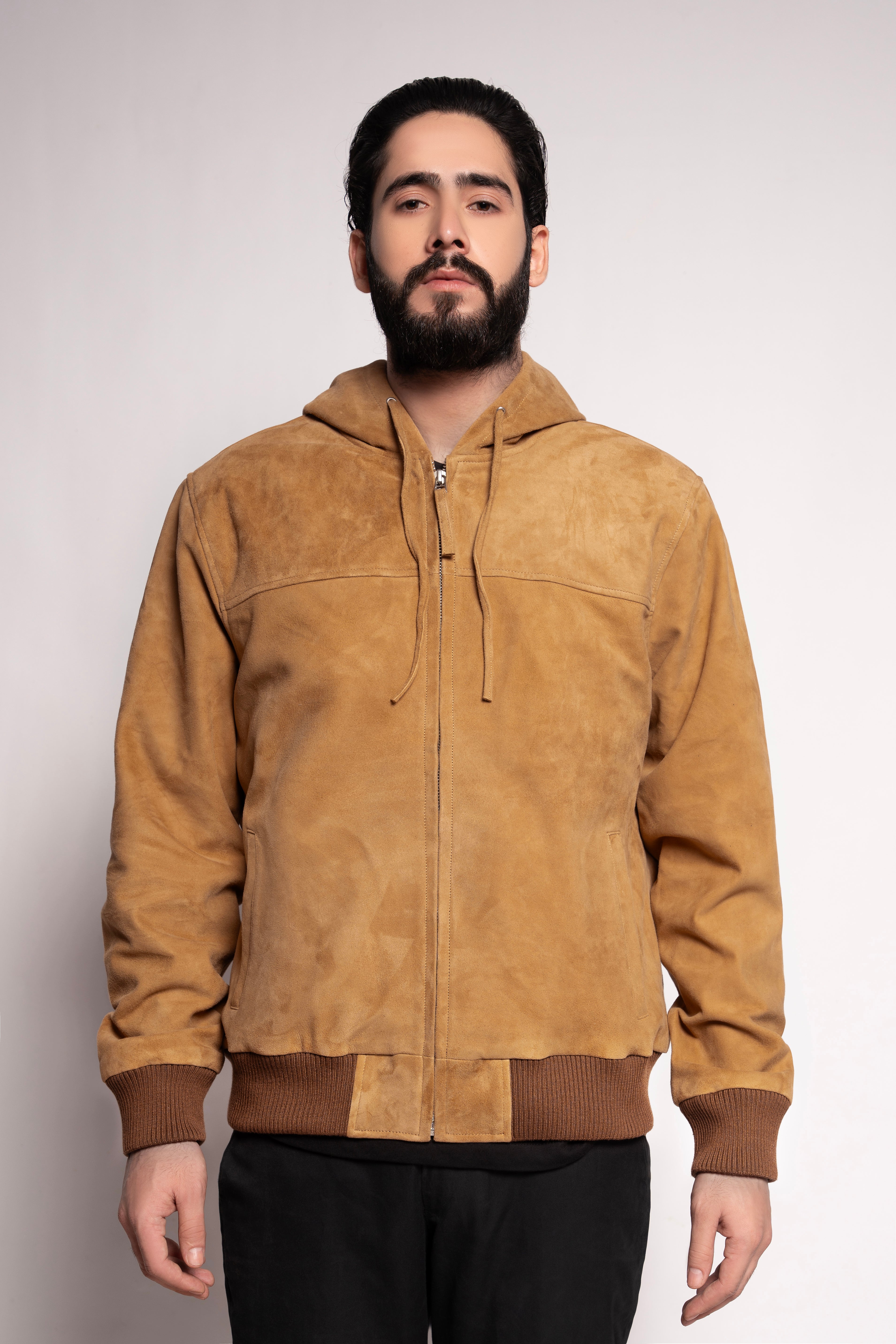 Camel Suede Hooded Bomber Jacket