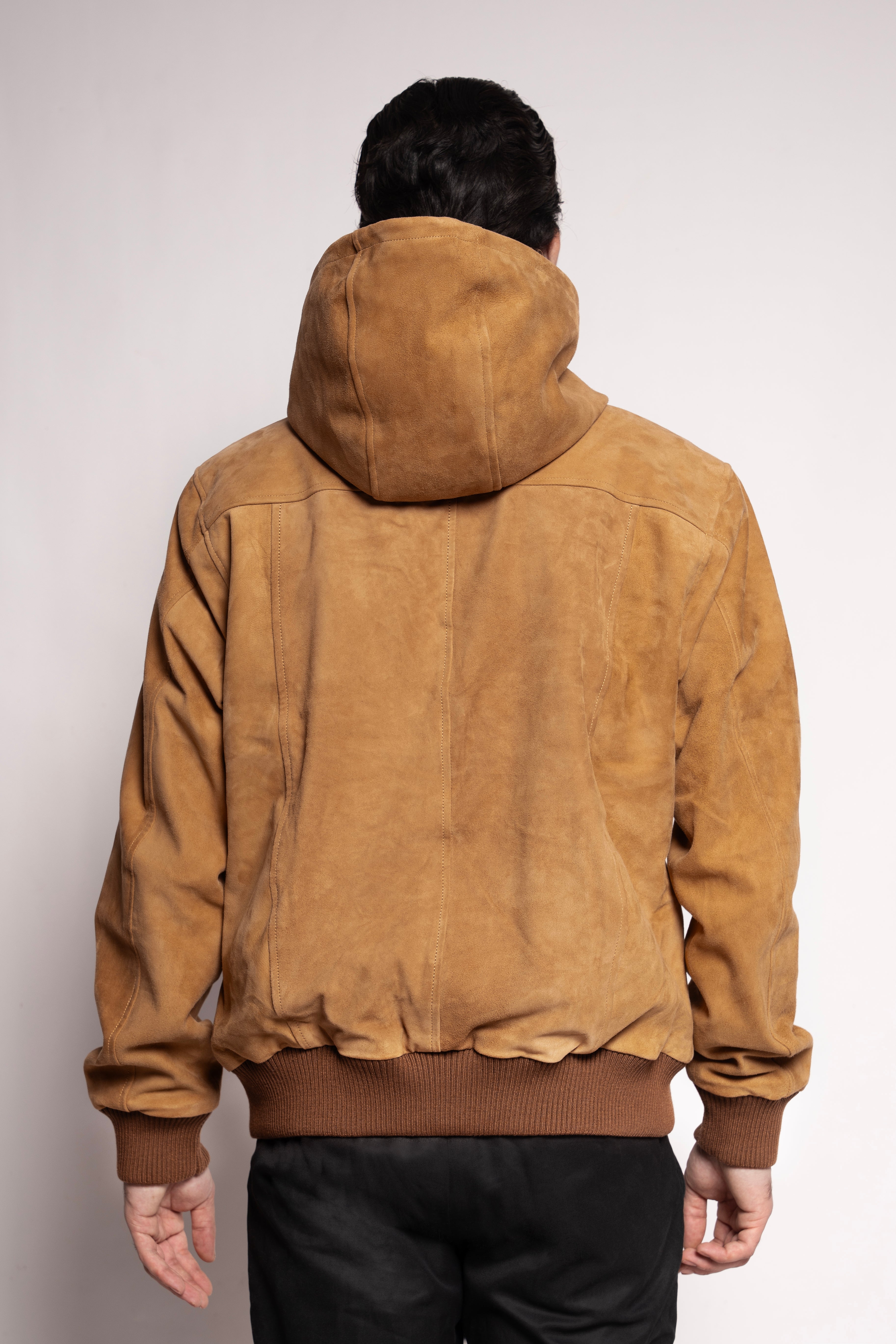 Camel Suede Hooded Bomber Jacket