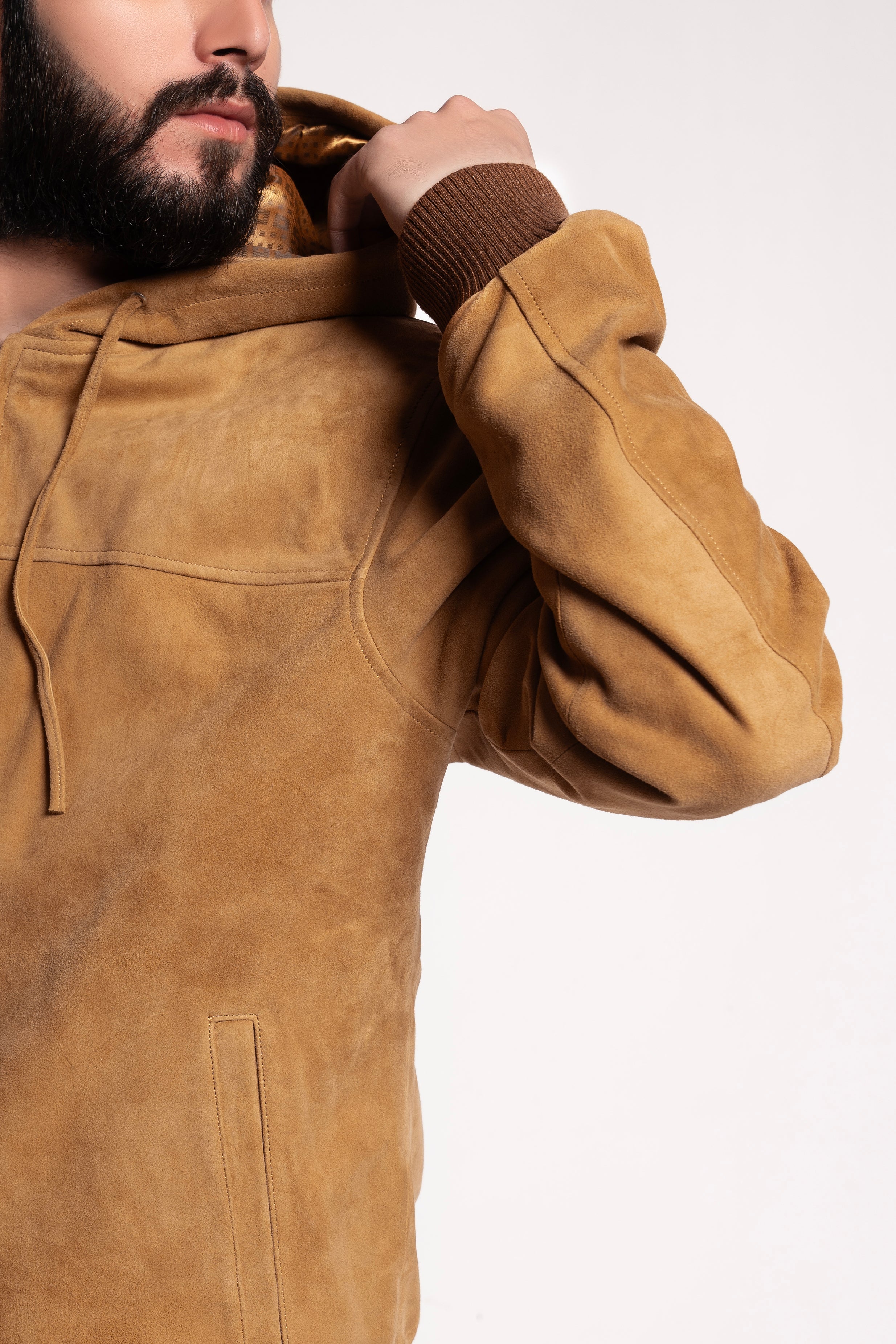 Camel Suede Hooded Bomber Jacket